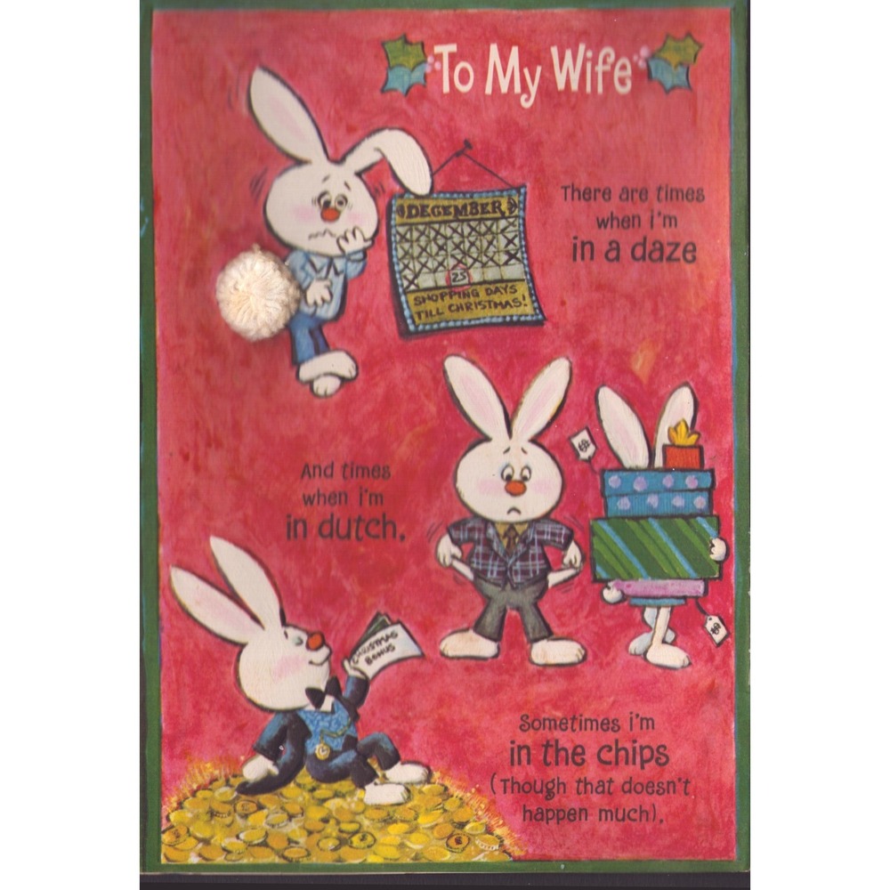 Vintage 1960s Christmas Greeting Card To My Wife Funny Bunny Rabbit Hallmark